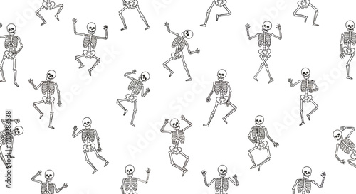 A playful pattern of cartoon skeletons dancing in various poses on a white background.