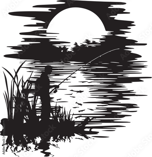 Serene Evening Angler: A silhouette of an angler cast their line into a tranquil lake under the soft glow of the moon, capturing the essence of solitude and the timeless allure of fishing.