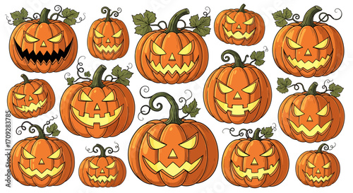 A collection of cartoon-style Halloween Jack-o'-lanterns with various carved spooky and smiling faces on a white background.
