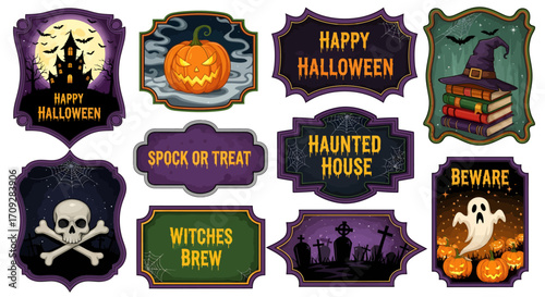 A collection of vintage-style Halloween labels and stickers featuring spooky illustrations like a haunted house, jack-o'-lantern, ghost, and skull.