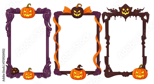 A set of three ornate, vertical Halloween frames decorated with jack-o'-lanterns, ribbons, and spooky gothic elements, isolated on a white background.