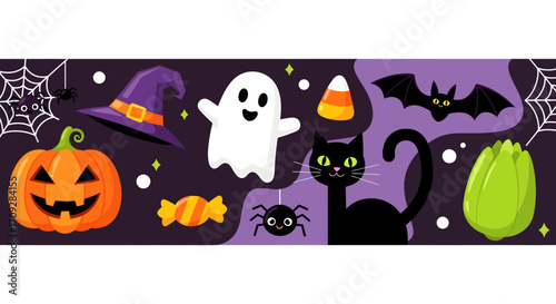 A festive Halloween banner with a cute ghost, black cat, jack-o'-lantern, and other spooky symbols on a purple background.