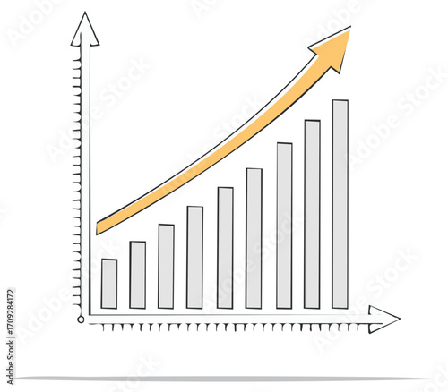 Hand drawn bar chart with upward arrow showing business growth and profit