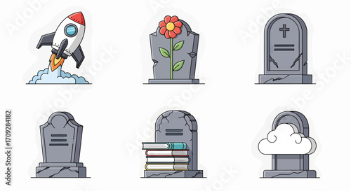 A collection of six cartoon icons contrasting life and death with gravestones and a launching rocket.