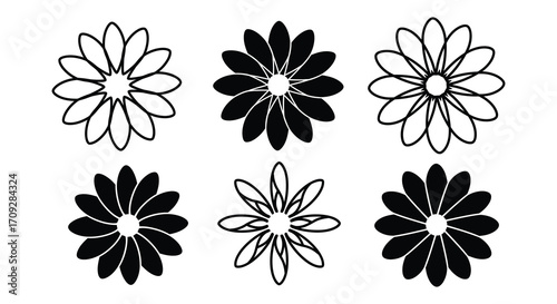 Simple black and white floral designs arranged in a grid pattern