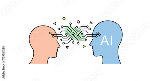 Artificial intelligence concept human minds connected by circuit board.
