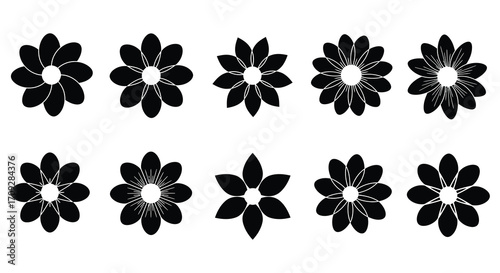 Simple black floral designs arranged in two neat rows botanical illustration