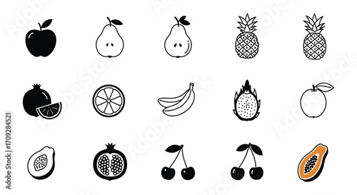 Collection of various black and white fruit illustrations arranged on a white background