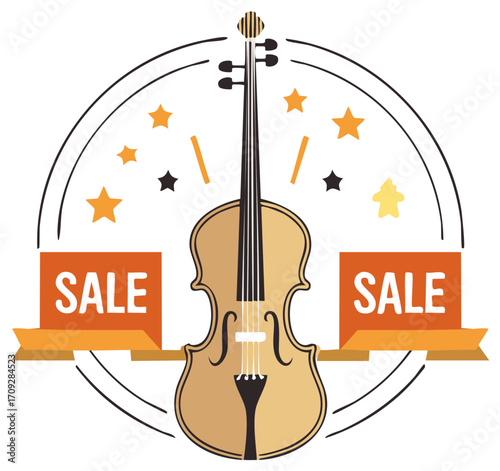 Cello Sale Promotion Vector Illustration with Stars and Circular Design