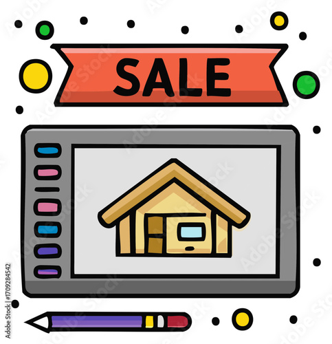 Digital graphic tablet displaying house icon and a 'SALE' banner, creative real estate promotion illustration concept.