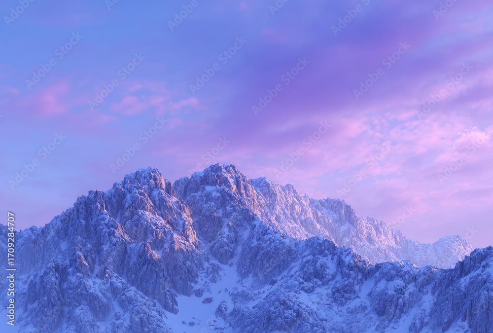 Obraz premium Snow-covered mountain peaks glisten under a soft pink and violet sky at dusk, creating a serene and majestic landscape