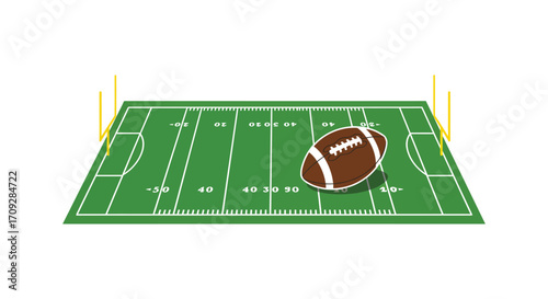 A cartoon illustration of an american football on a green field