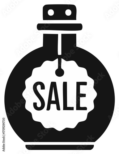 Potion bottle with sale tag illustration, apothecary flask graphic element, promo deal announcement icon