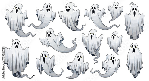 A collection of various cartoon ghosts with different expressions and poses, depicted as white, sheet-like figures floating in the air.