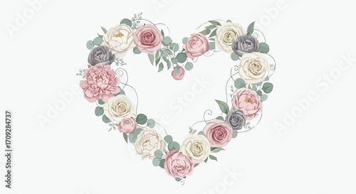 Elegant pastel floral heart frame perfect for wedding invitations, cards, or romantic design elements