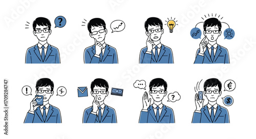 Confused businessman with financial concerns, ideas, and questions needs solutions for business strategy
