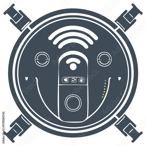 Robot Vacuum Design with Wi-Fi Signal and Smiling Face Isolated on White Background