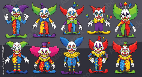 A collection of ten colorful and diverse cartoon clowns with various costumes, makeup, and expressions, standing against a dark background.