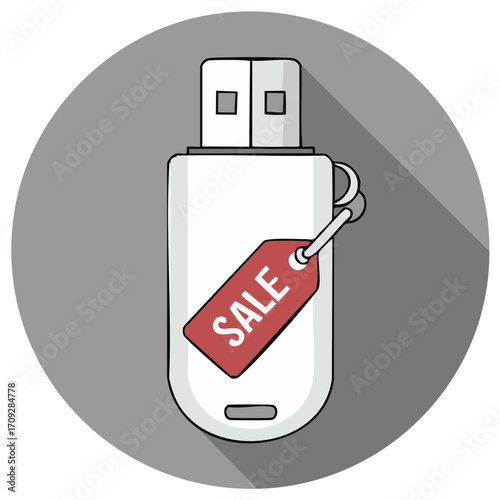 Cartoon USB flash drive with a red sale tag, a flat design icon for technology and shopping promotions.