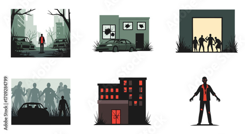 Vector illustrations depicting a zombie apocalypse scenario with abandoned cities, damaged buildings, and hordes of undead figures.