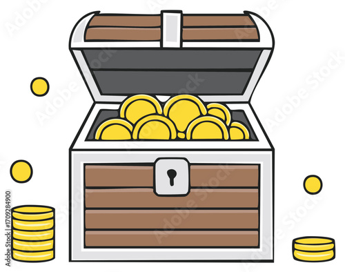 Cartoon Treasure Chest Overflowing with Golden Coins in Wood Box Illustration