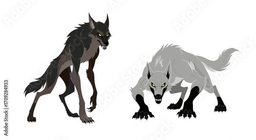Two stylized, aggressive wolves, one dark and one light, depicted in a fierce, predatory stance on a white background.