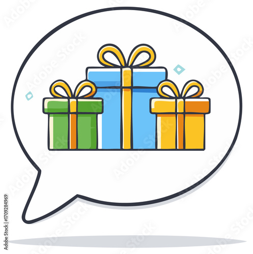 Illustration of gift boxes inside a speech bubble, perfect for special occasions and giving.