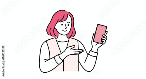 Woman cheerfully presenting digital app on smartphone screen to audience