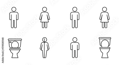 Simple outline icons depicting people and restroom facilities on a white background