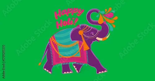 after greeting stylized purple elephant spraying color drops for Holi on transparent background