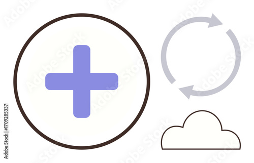 Circular plus sign indicating addition, an arrow cycle representing continuous updates, and a cloud outline for online storage. Ideal for technology, backup, cloud computing, storage, networking