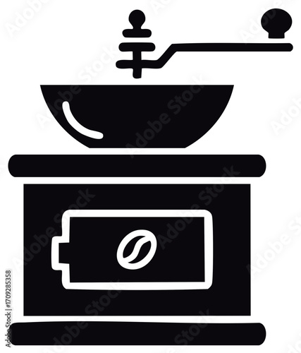 Coffee mill icon. Vector silhouette of manual grinder with bean drawer. Brew coffee symbol.