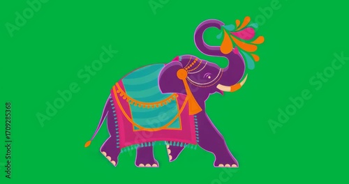 Opening with trunk lifting, stylized elephant revealing tassels, curling trunk spraying droplet arc