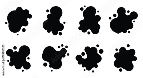 A series of abstract black ink blots on a white background