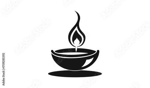 Black silhouette of a lit oil lamp with a flame