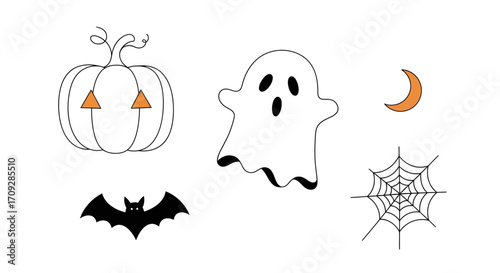 Simple line art illustrations for Halloween featuring a pumpkin, ghost, bat, spiderweb, and moon on a white background, perfect for festive designs.