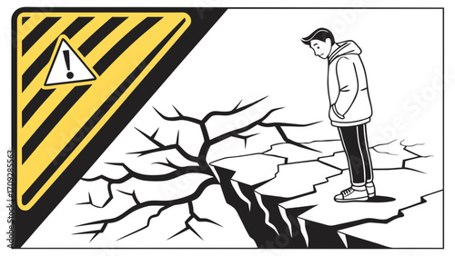 Illustrated man in hoodie overlooking cracked earth with caution sign