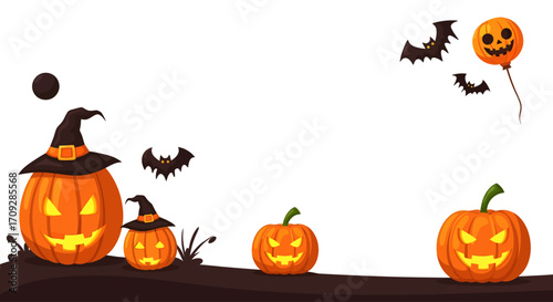 A festive Halloween background with glowing jack-o'-lanterns wearing witch hats, flying bats, and a pumpkin balloon on a dark ground.