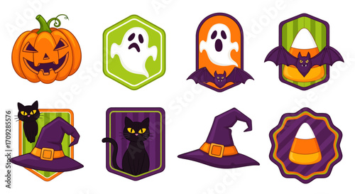 Collection of various Halloween-themed icons and badges including pumpkins, ghosts, bats, black cats, witch hats, and candy corn.
