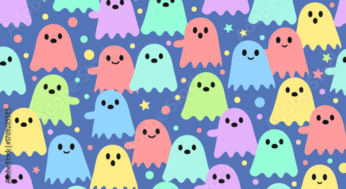 A whimsical pattern of cute, pastel-colored cartoon ghosts with happy faces and small stars on a dark blue background, perfect for Halloween or children's designs.