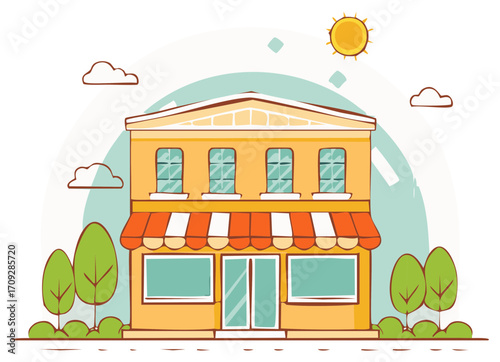 Charming cartoon storefront with awning trees and sun on a bright day