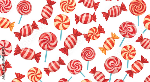 A vibrant and playful seamless pattern featuring an assortment of red and white striped candies and spiral lollipops scattered on a clean white background.