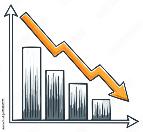 Downward trend graph with bars and arrow, financial concept