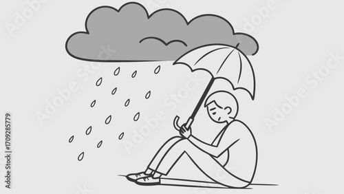 Sad Person Sitting Under Umbrella in Rain