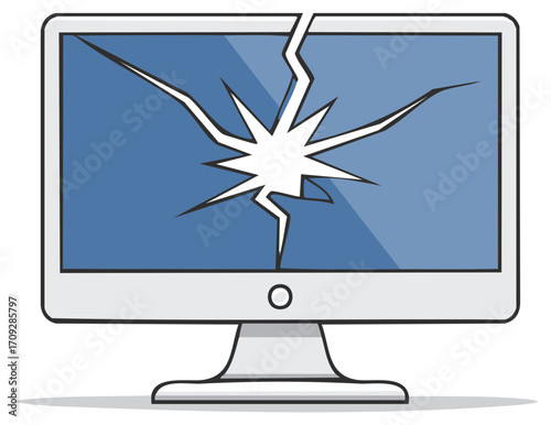 Modern desktop computer monitor with a cracked and shattered blue screen cartoon illustration