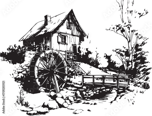 The old mill: An artistic rendering of an old mill showcases architectural and industrial beauty, highlighting intricate details and a blend of nature and structure. 