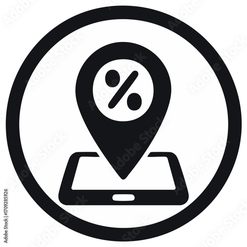 Location pin with percentage symbol above mobile device for geolocated discounts and offers