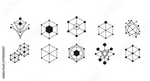 Abstract geometric shapes and wireframe polygonal designs on a white background