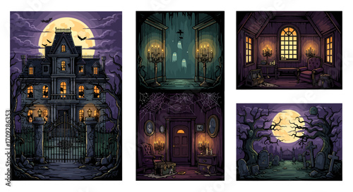 Spooky haunted mansion and eerie interiors with a full moon, bats, and ghostly figures, in a dark, illustrative style.