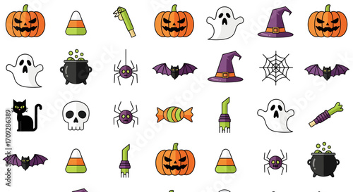 Seamless pattern of various Halloween-themed icons including pumpkins, ghosts, bats, spiders, and witch hats on a white background, perfect for festive designs.
